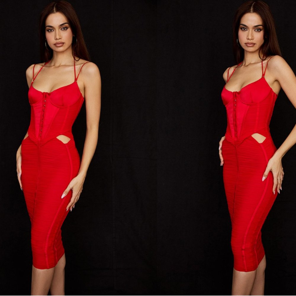 HOUSE OF CB 'Maya' Scarlet Ruched Midi Dress NWOT - Picture 5 of 6